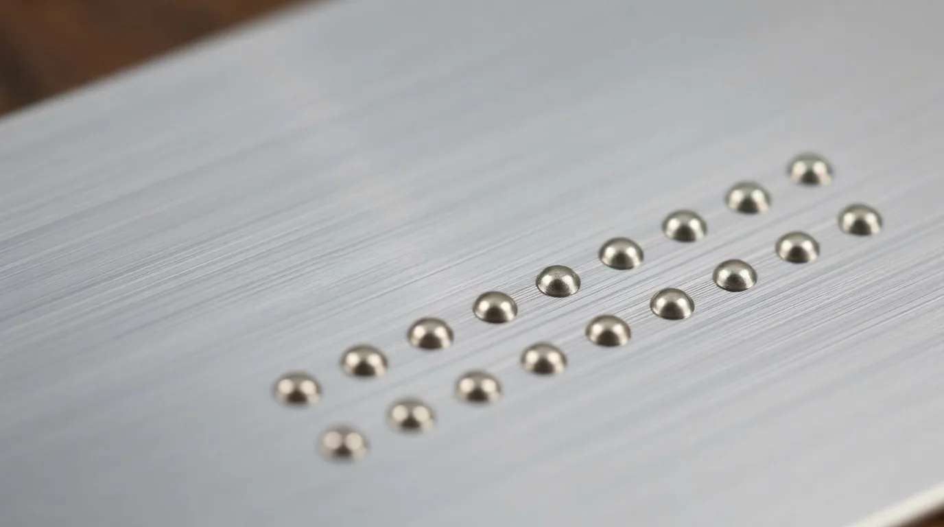 Close-up of grade 2 braille dots on brushed aluminum ADA sign