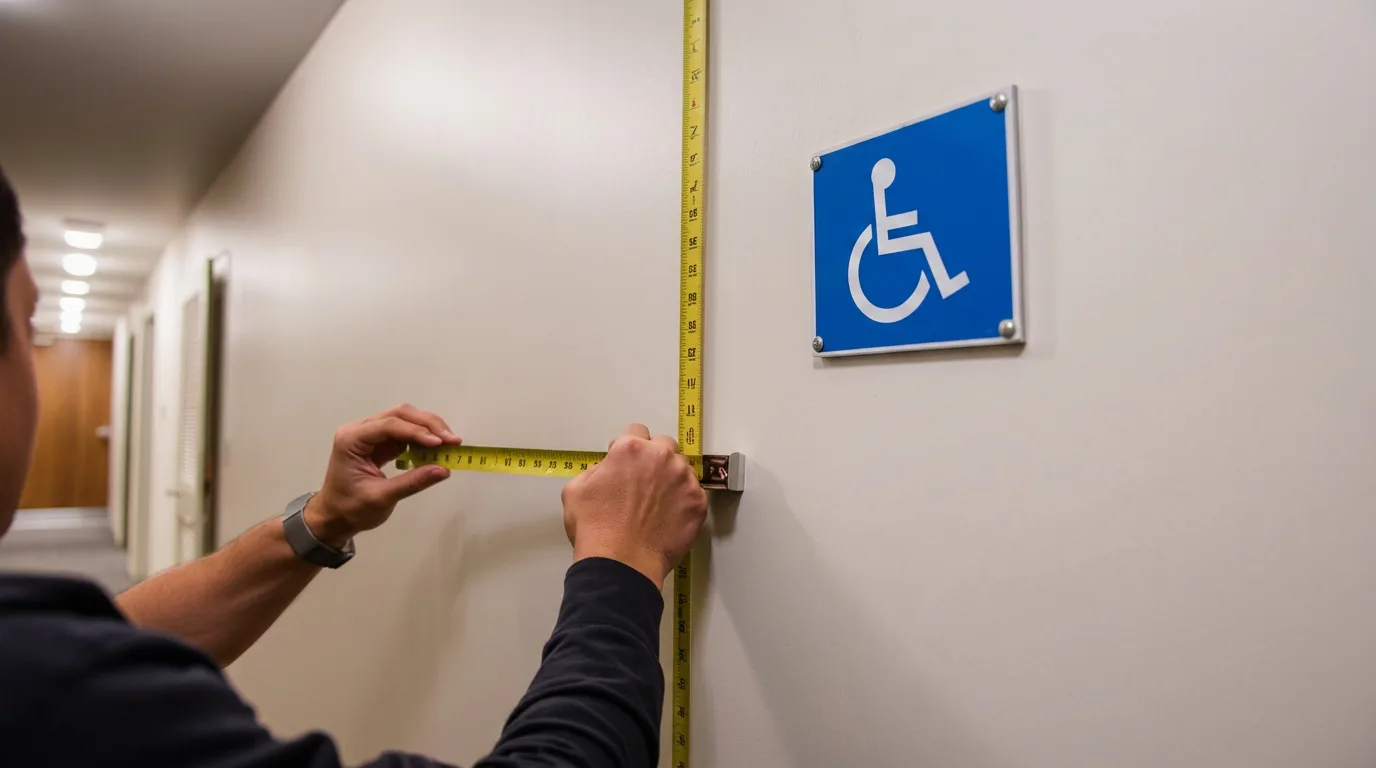 Installer measuring ADA sign mounting height in apartment hallway