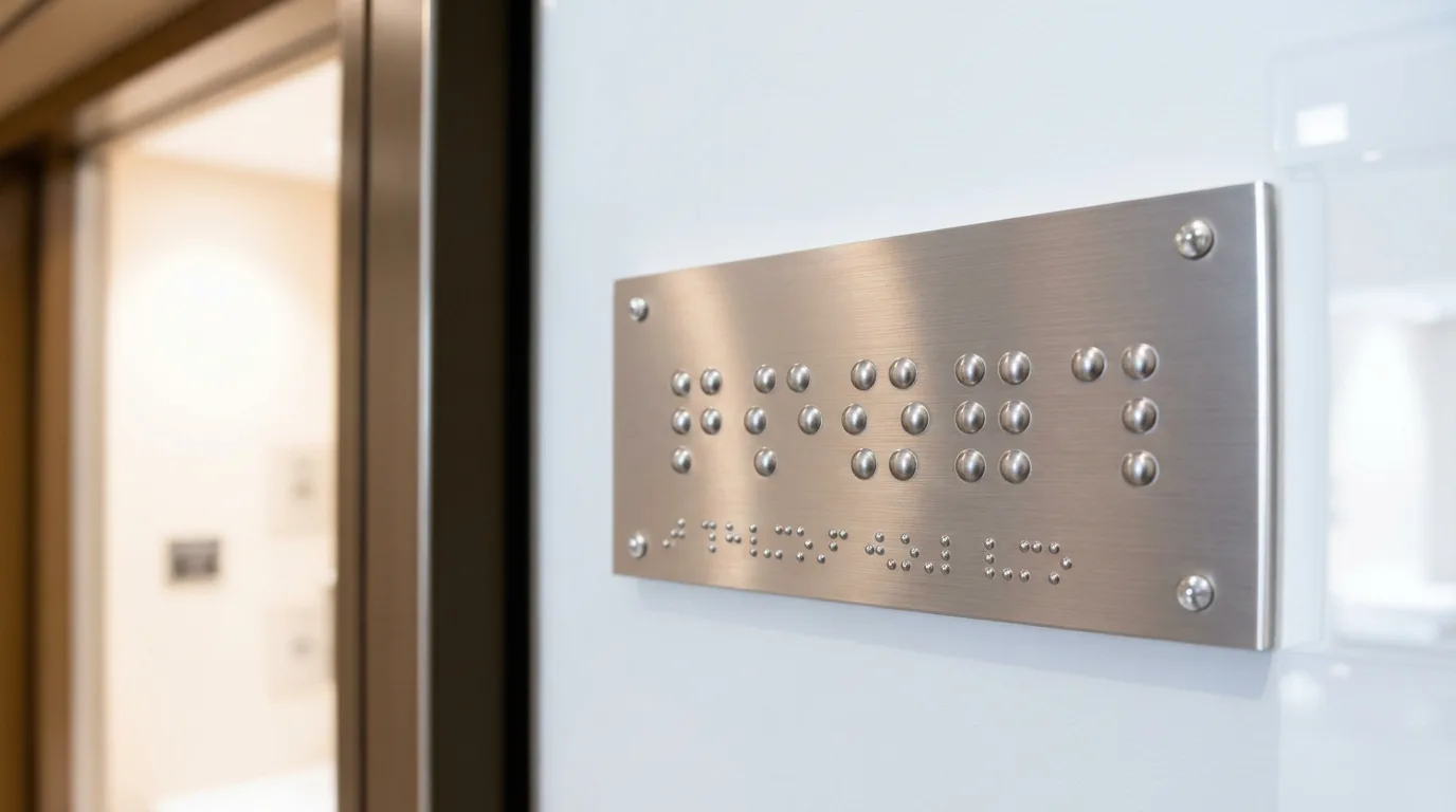 ADA-compliant tactile braille room identification sign mounted on apartment wall