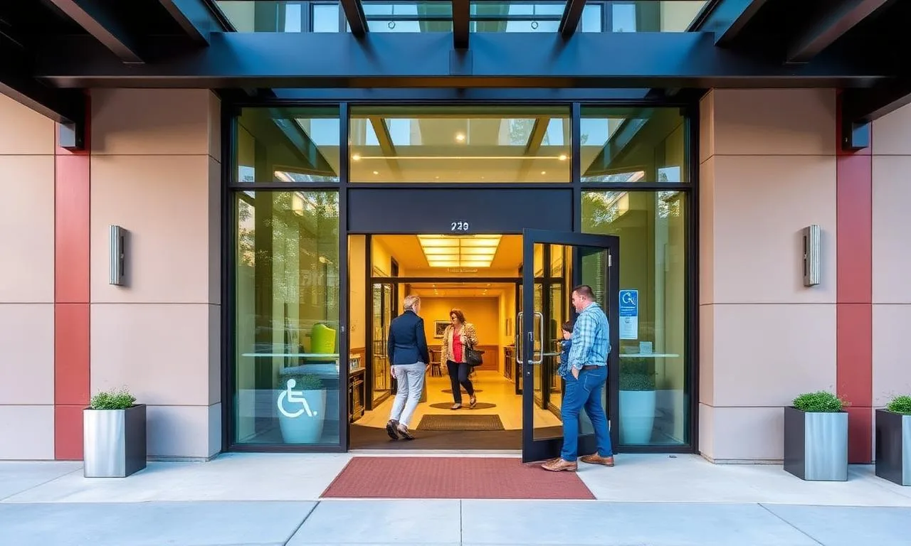 Welcoming accessible entrance to a modern multifamily apartment building
