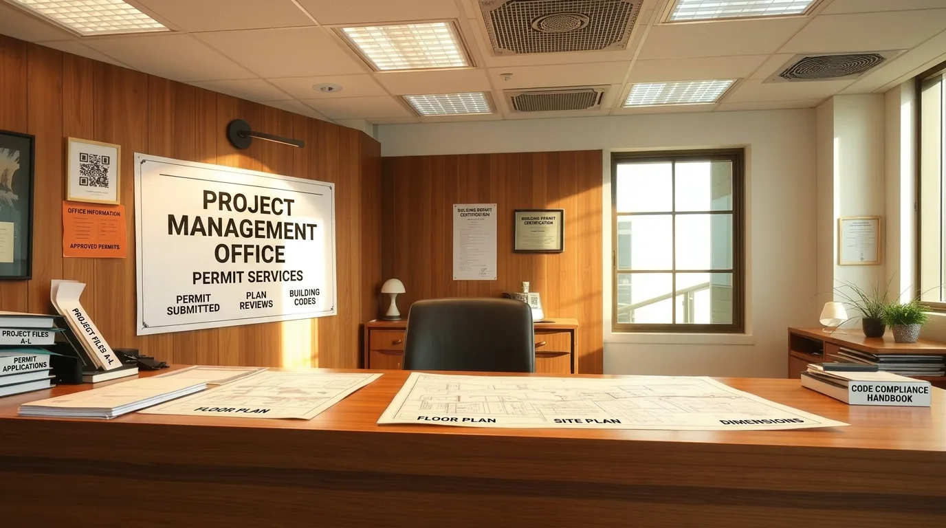 Permit office desk with sign permit application and review documents