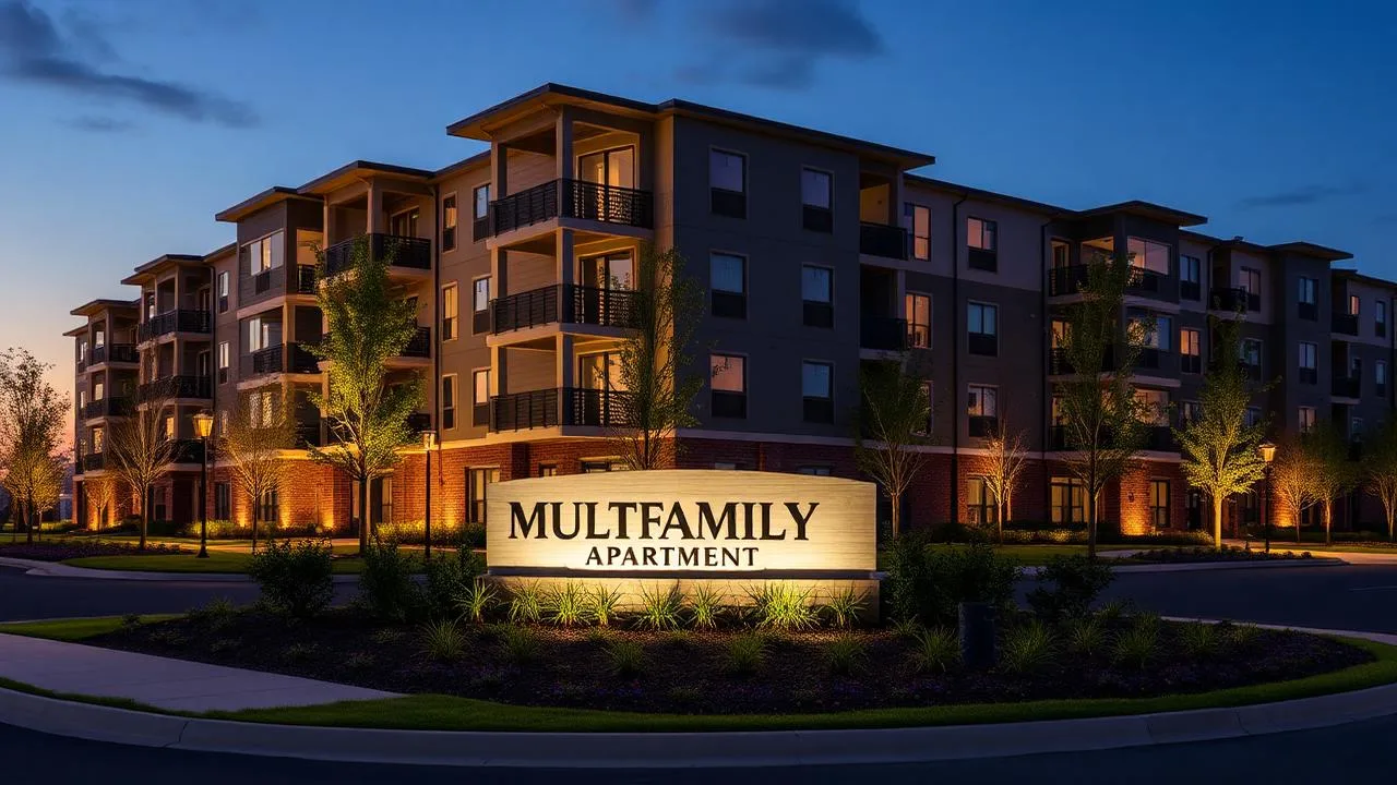 Newly installed illuminated monument sign in front of a modern multifamily building at dusk