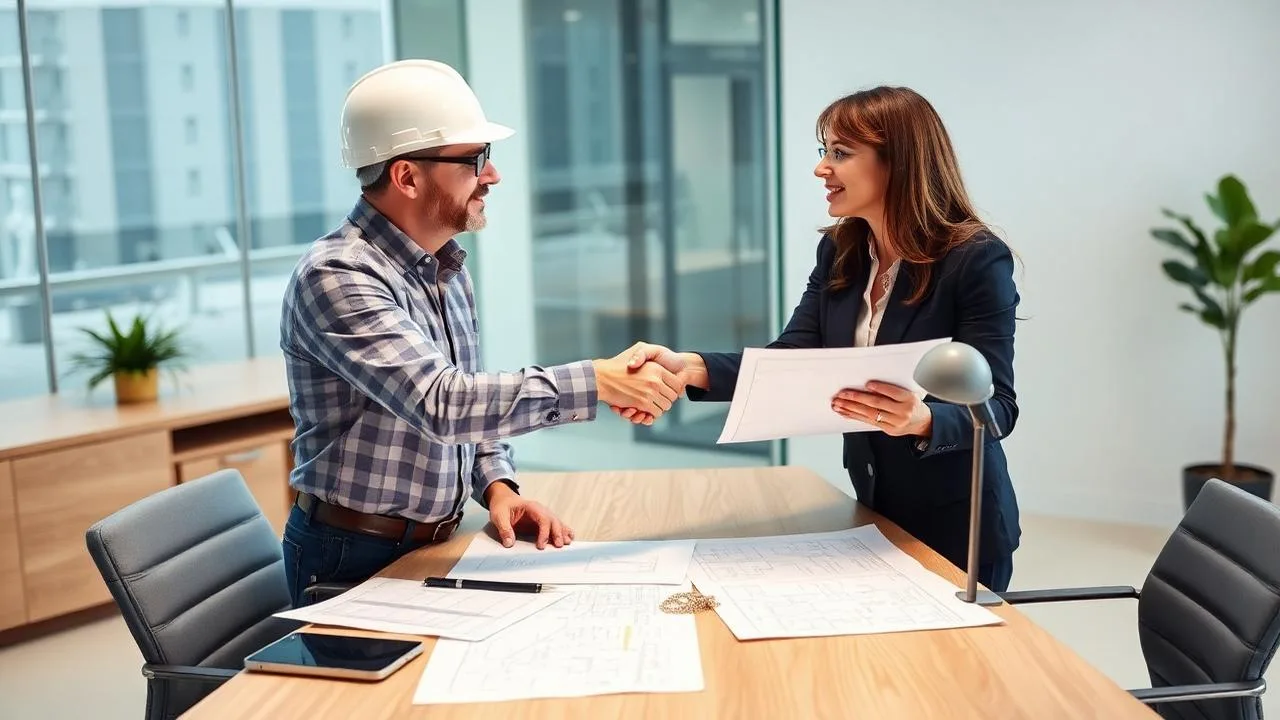 Architect and city planner shaking hands across a desk with permit drawings
