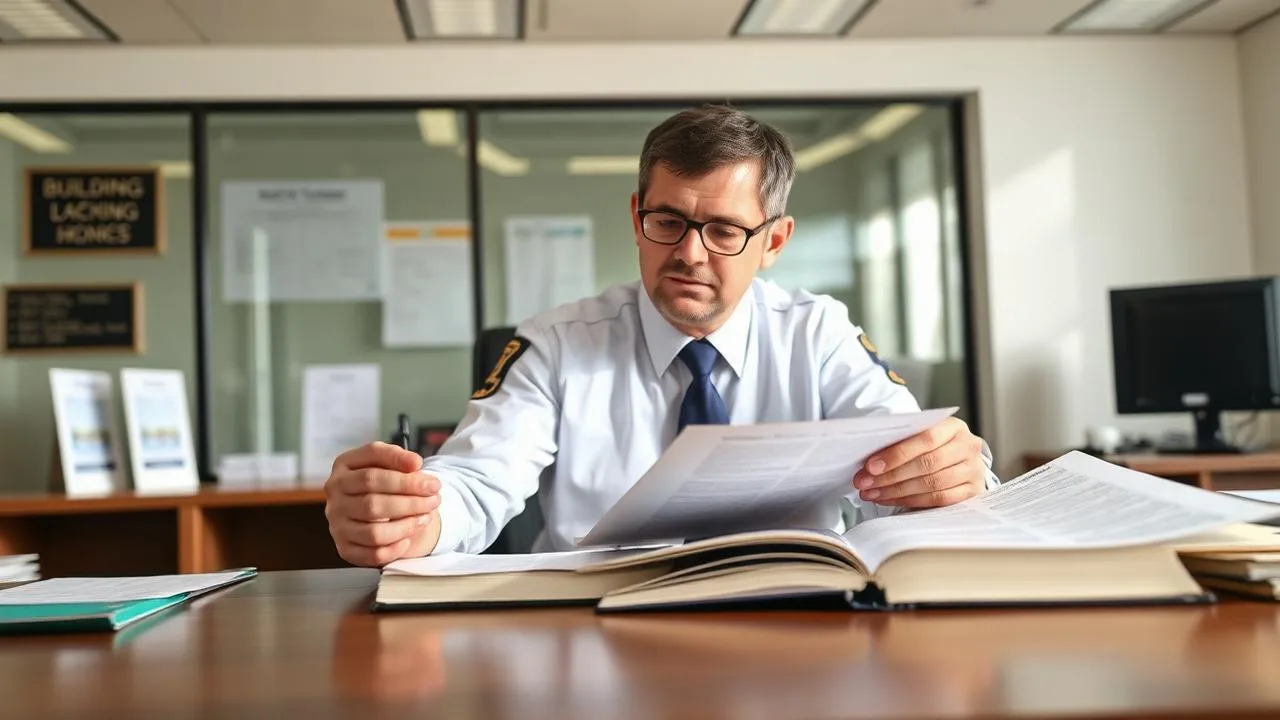 City building inspector reviewing zoning code books and sign ordinance documents