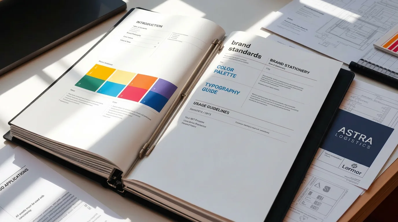 Open brand standards binder with color swatches and typography specifications