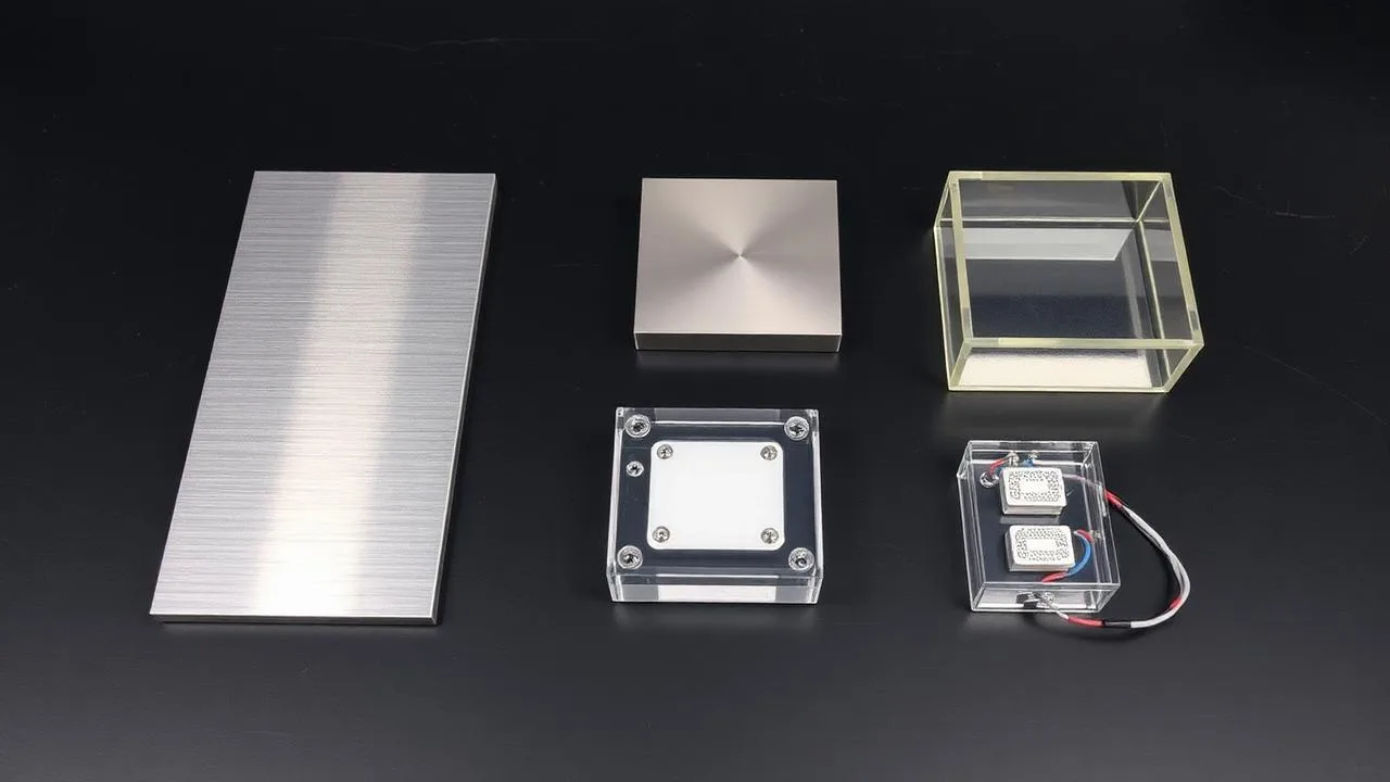 Aluminum, stainless steel, and acrylic signage material samples