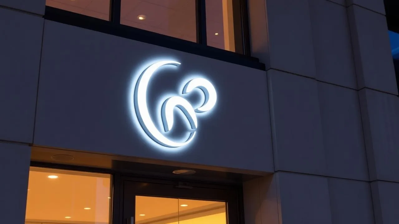 Premium illuminated channel letter building sign at twilight