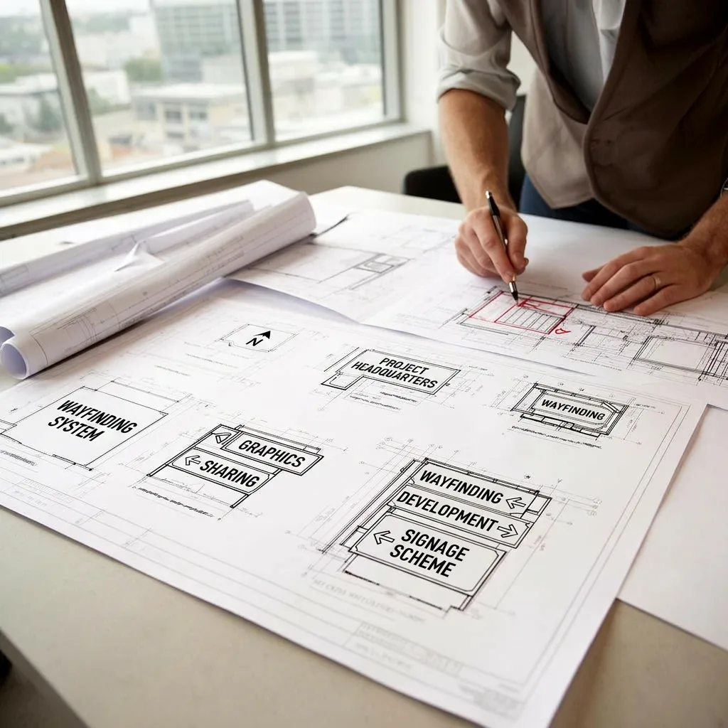 Architect adding signage to construction drawings during design development