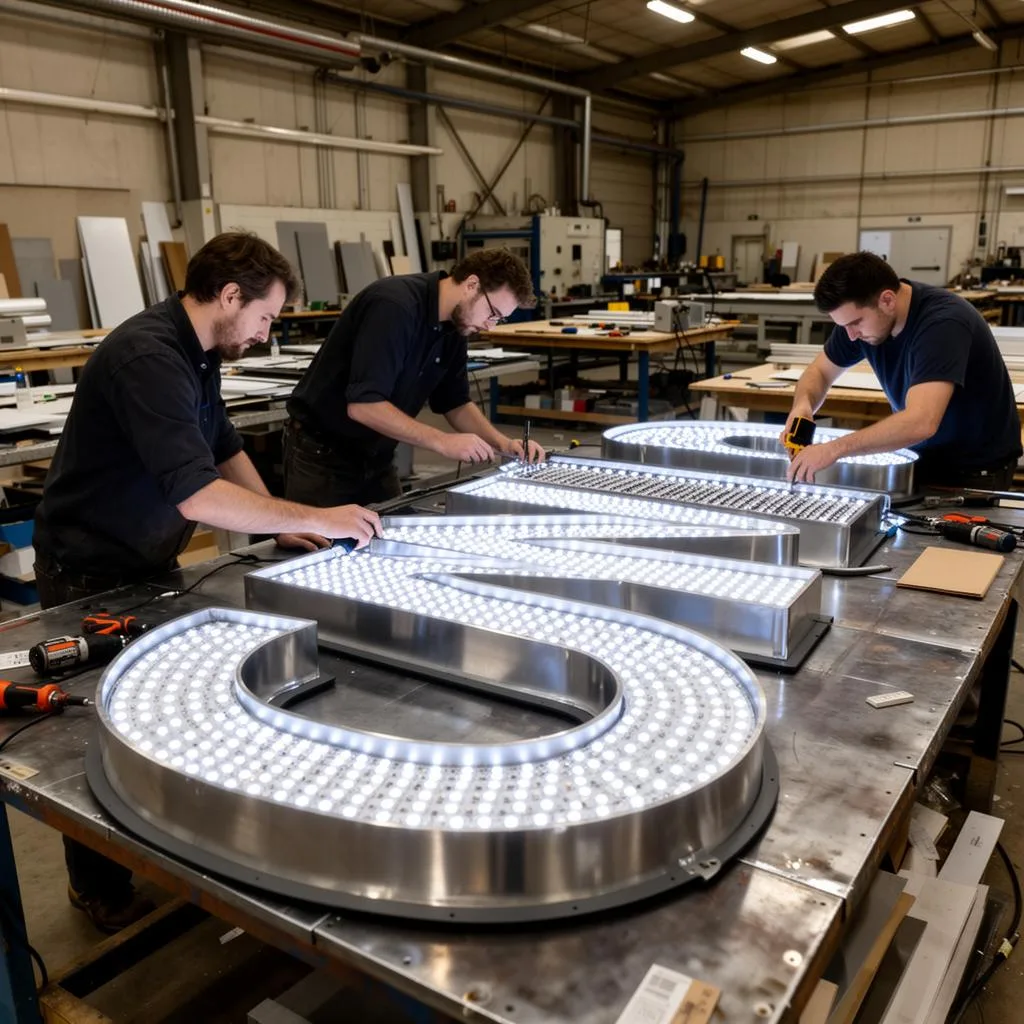 Sign fabrication shop building illuminated channel letters