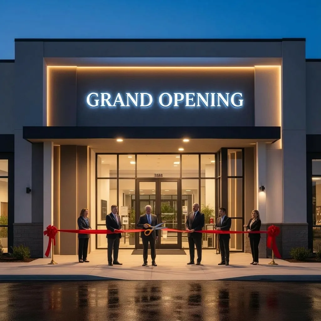 Completed building with installed signage at grand opening ribbon-cutting