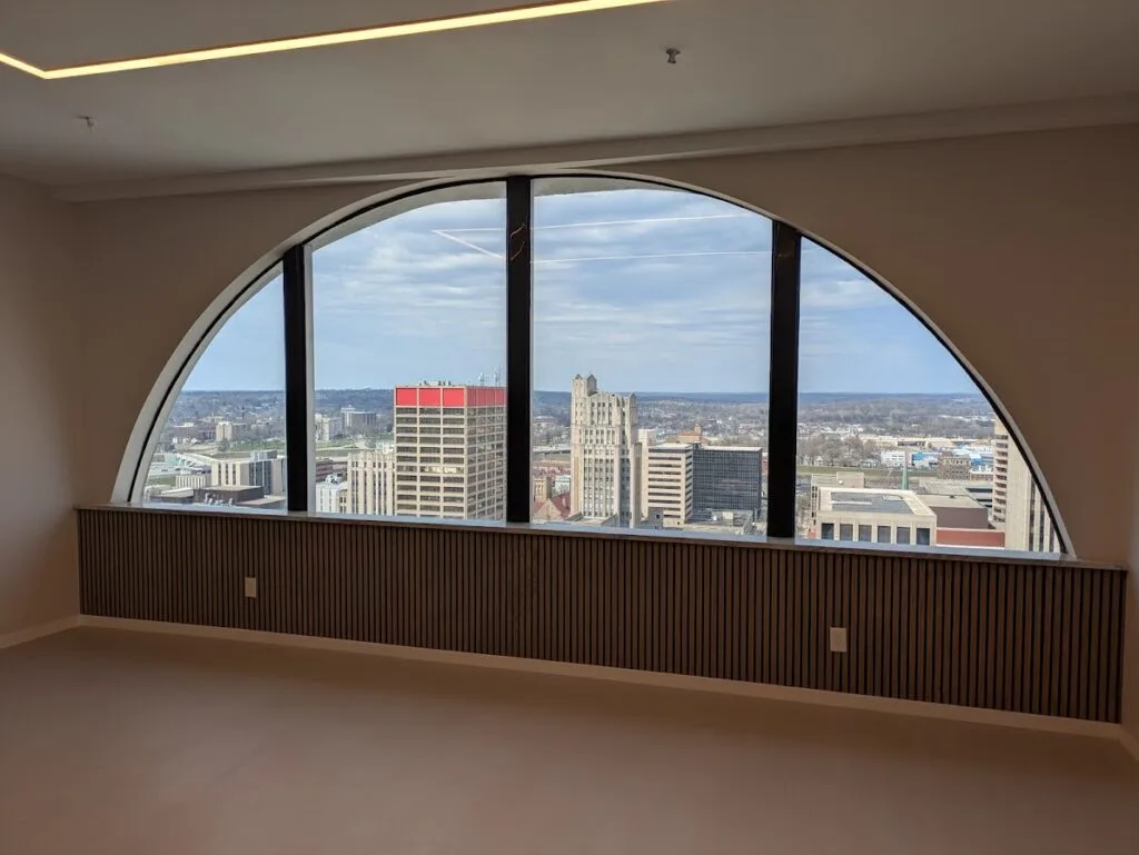 Downtown Dayton street view of The Deneau luxury residential entrance
