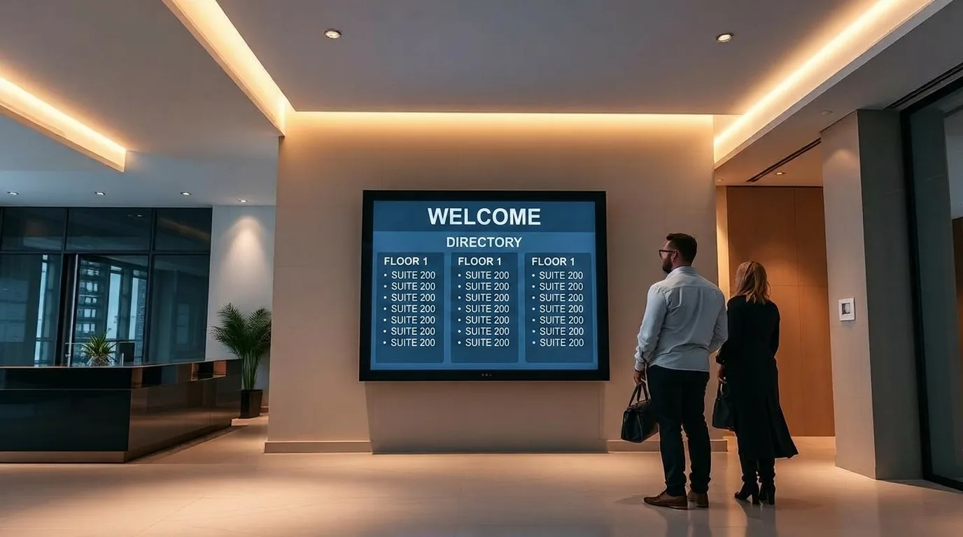 Interactive digital directory kiosk in a modern apartment lobby
