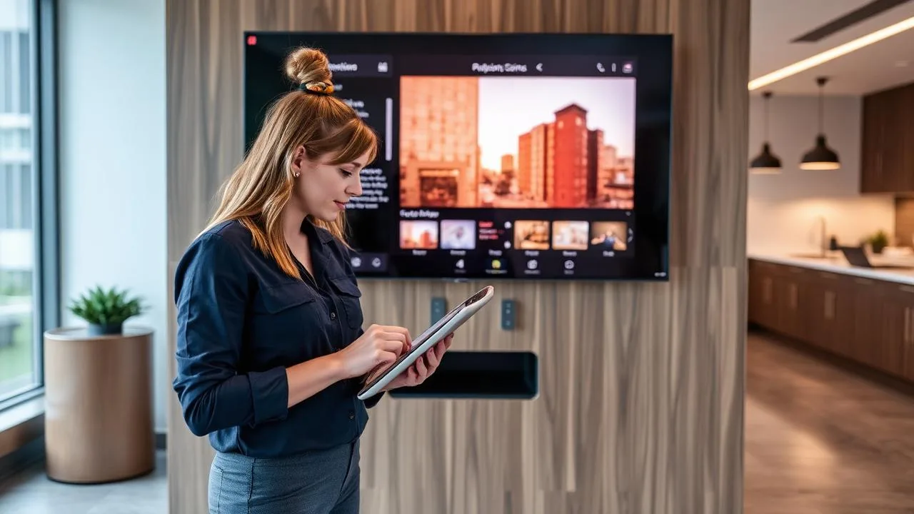 Property staff member updating digital signage content via tablet in a leasing office