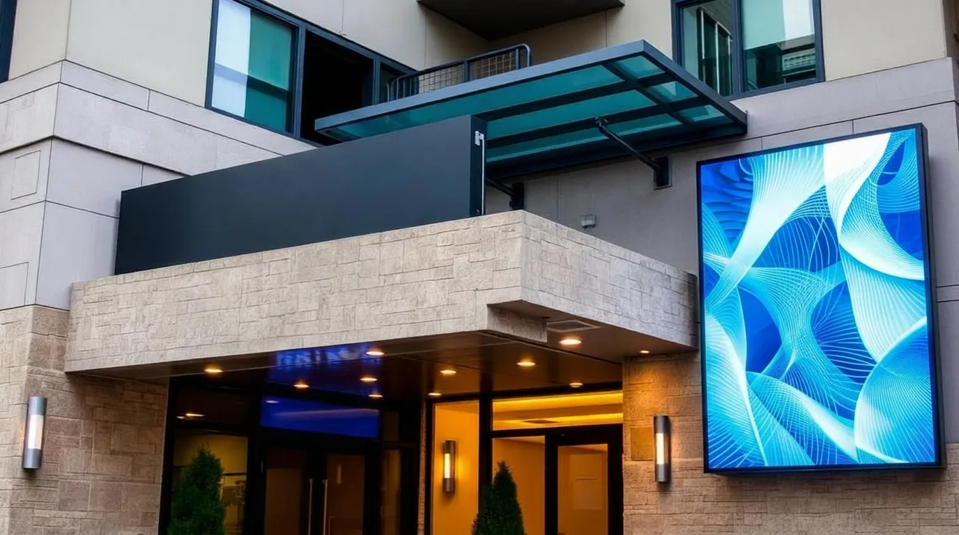Apartment entrance combining monument signage, ADA wayfinding, and a digital LED display