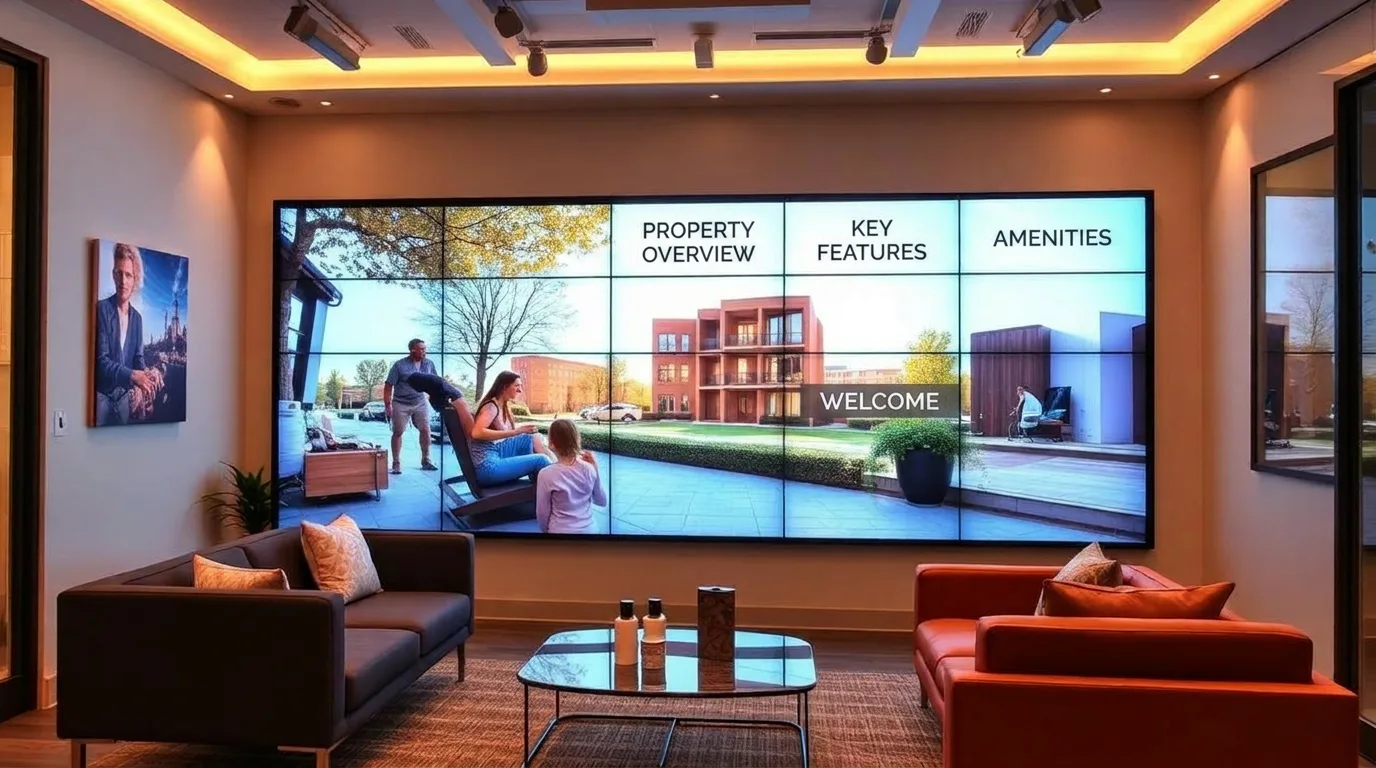 Large LED screen wall in a leasing office showing community lifestyle content