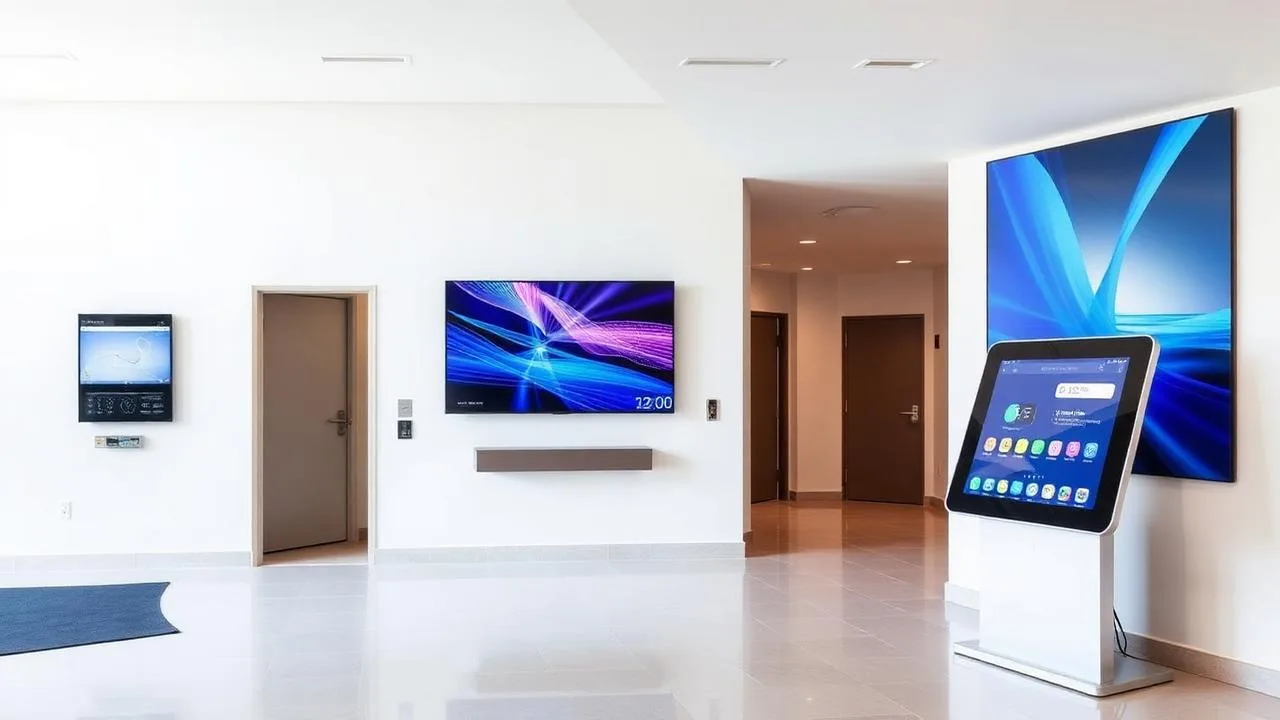 Overview of digital signage types in a modern apartment lobby