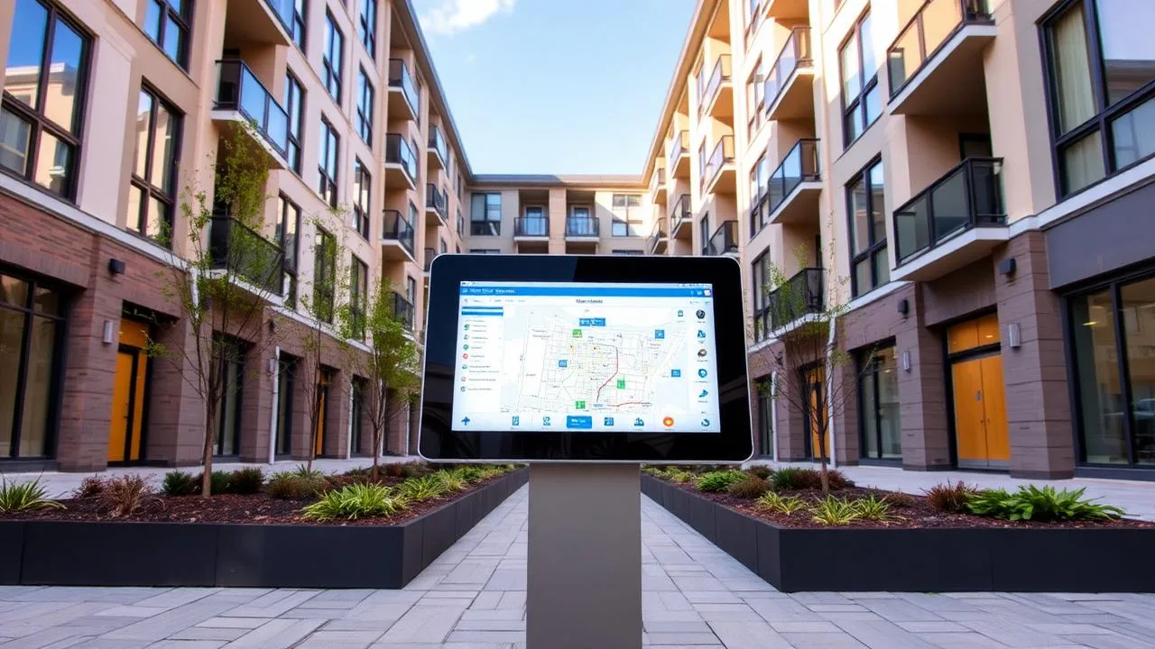 Interactive wayfinding kiosk in a modern apartment campus courtyard