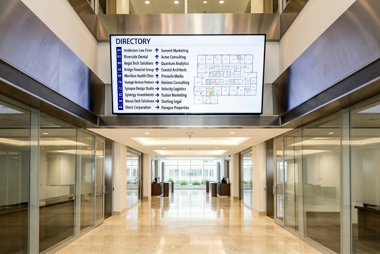 Overhead digital directory display in office lobby