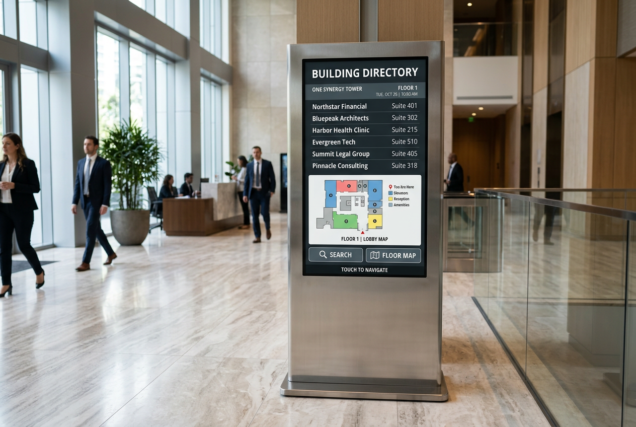 Freestanding touchscreen digital directory kiosk