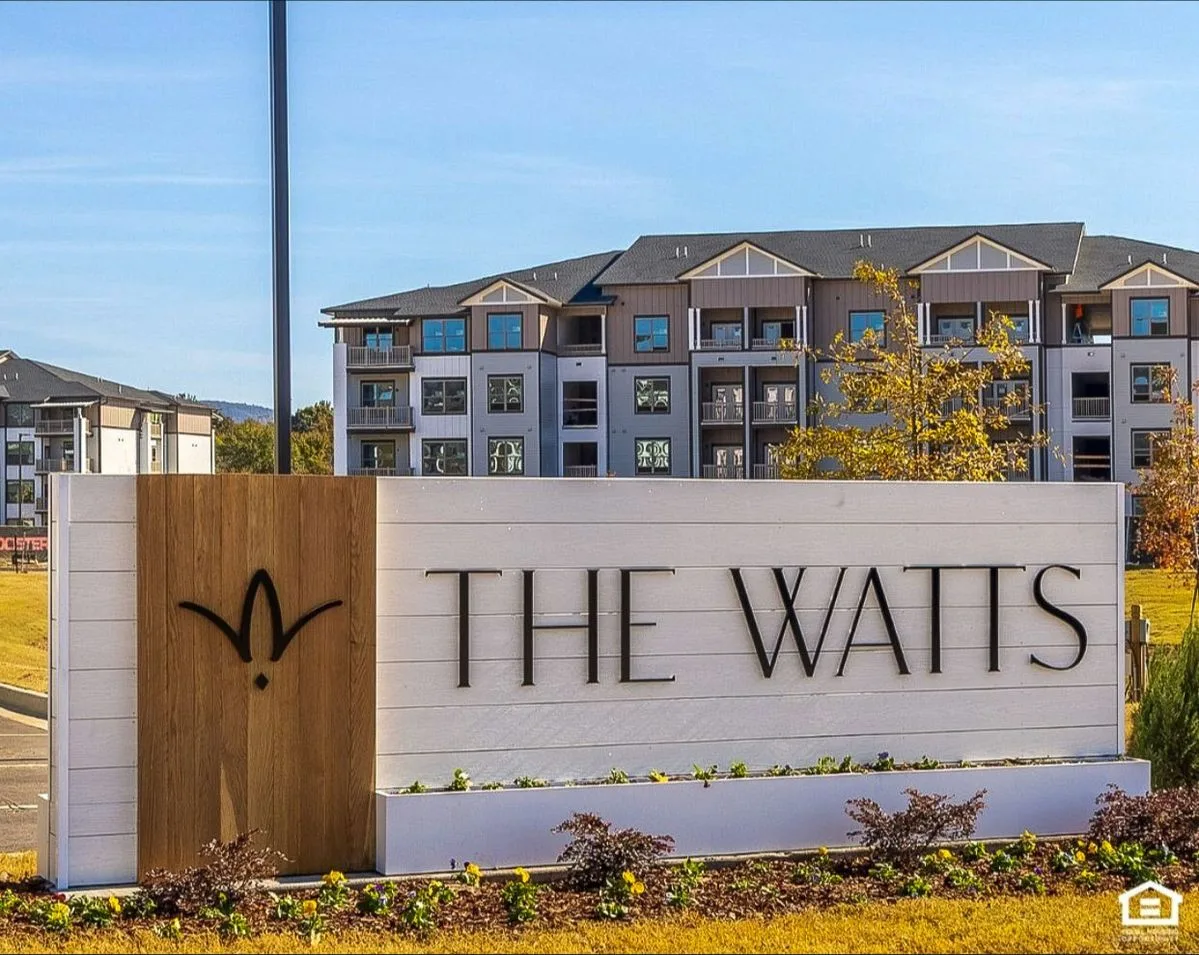 Finished architectural signage on a multifamily property