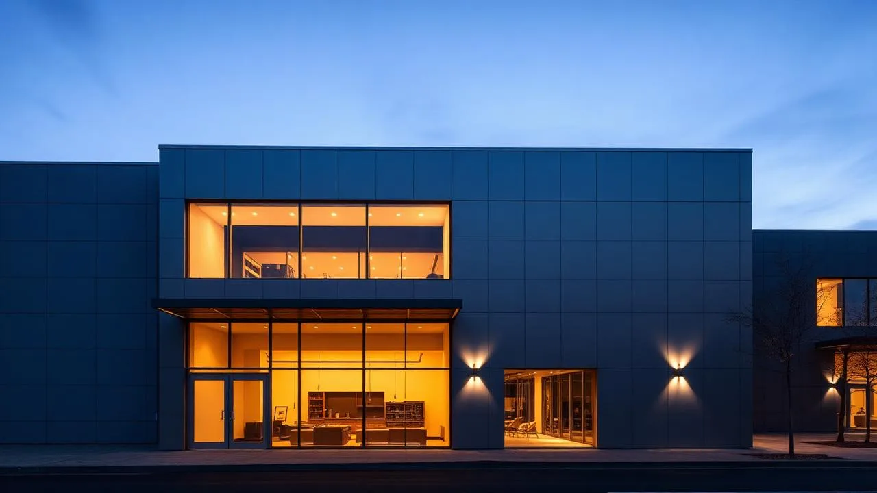 Completed modern commercial building with permanent signage at dusk