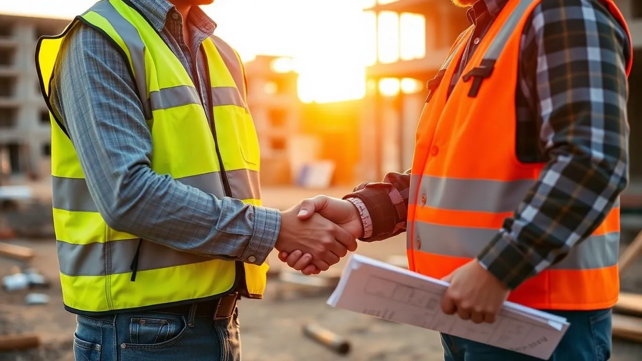 Signage installer and general contractor shaking hands on a construction site