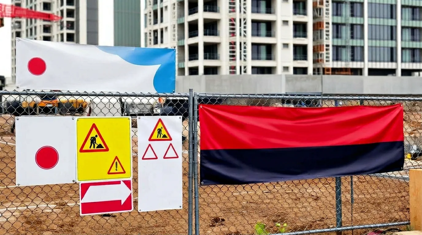 Variety of construction phase signage on site fencing
