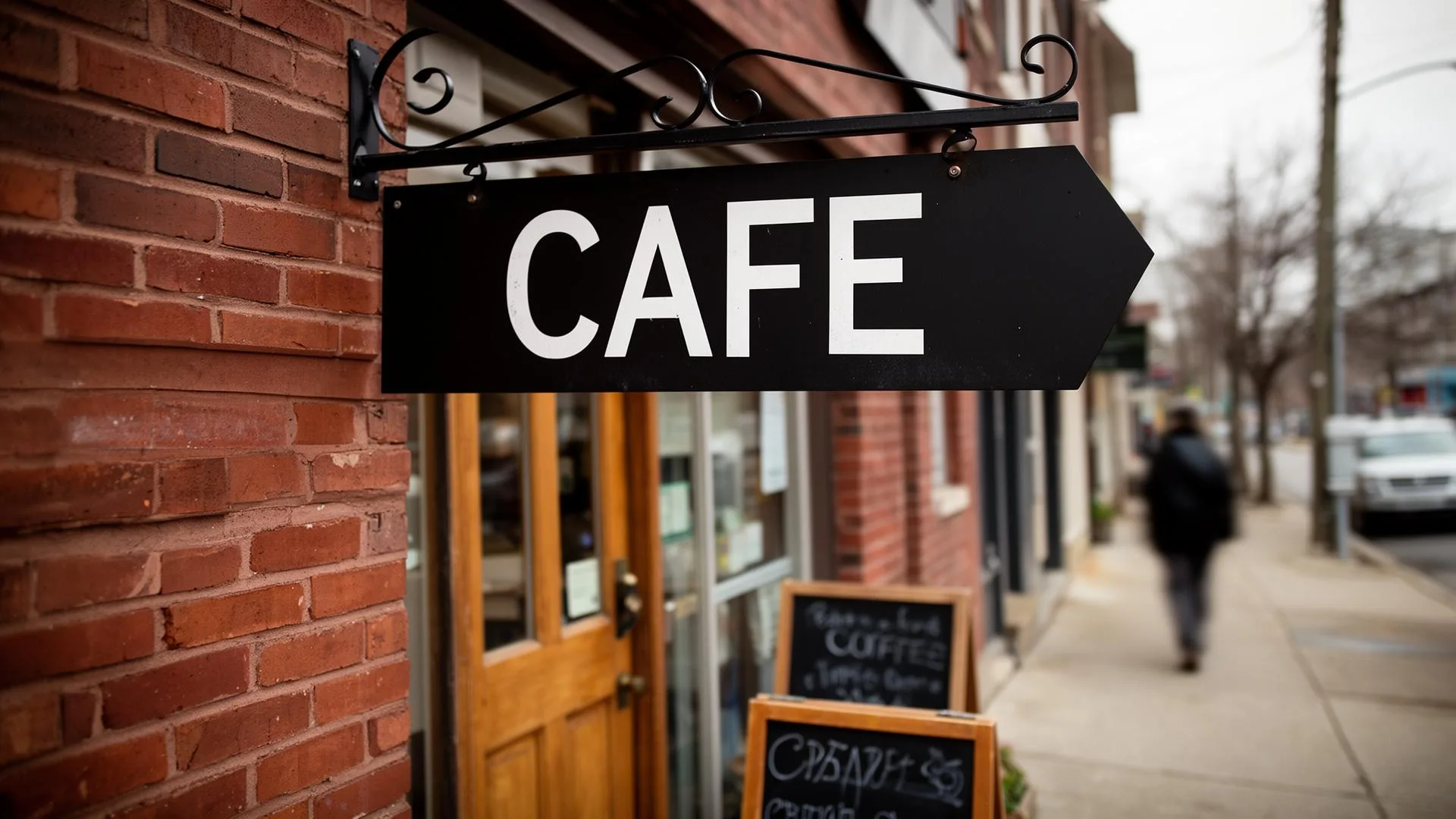 Custom-shaped hanging cafe sign with wrought-iron bracket and gooseneck lights