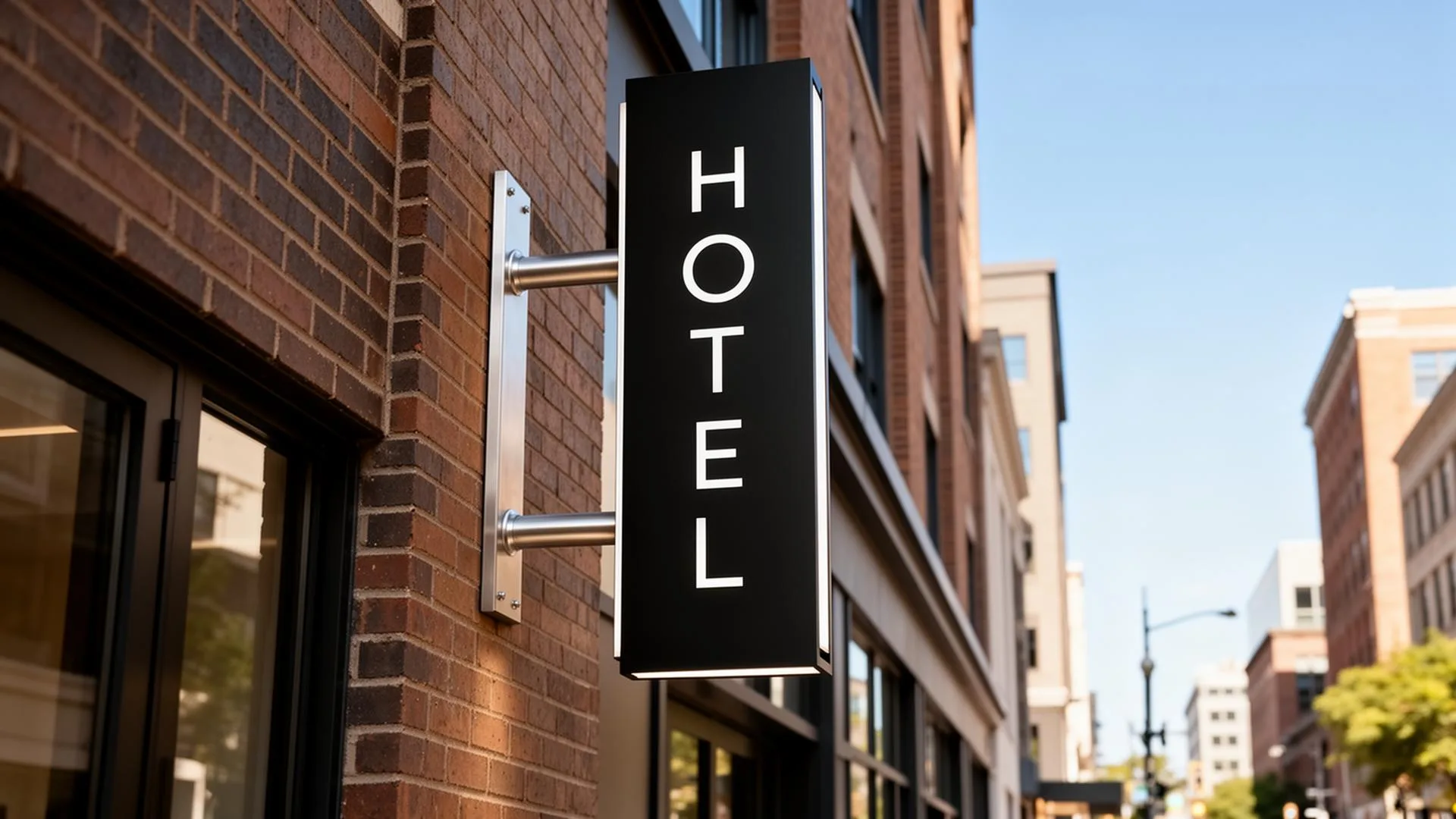 Modern vertical projecting blade sign mounted to brick hotel facade