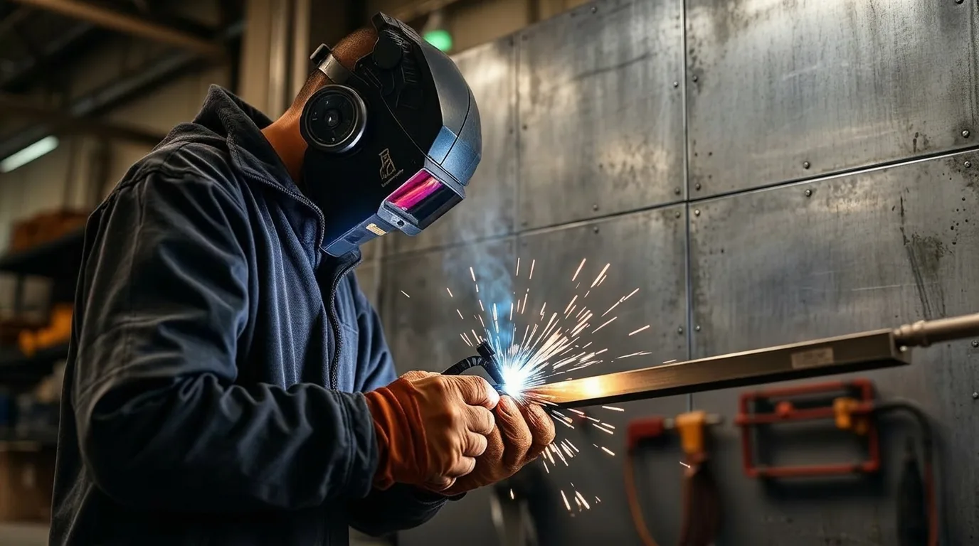 Manufacturing team collaborating on a project in a modern fabrication shop