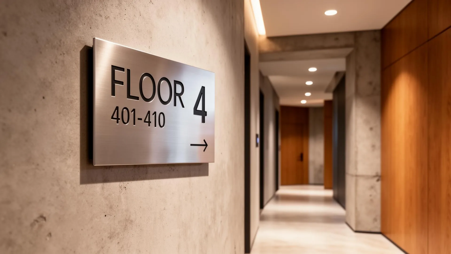 Brushed metal floor and unit number wayfinding sign in modern apartment hallway