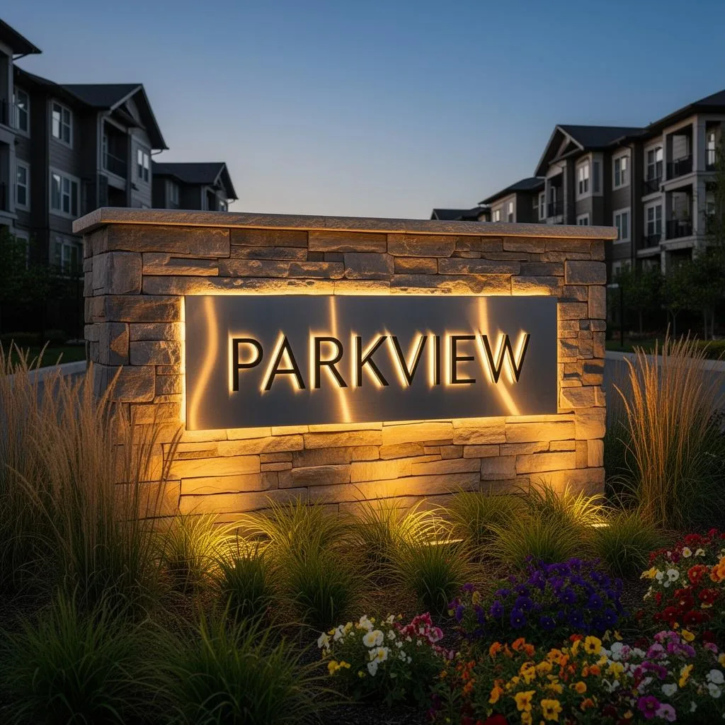 Elegant illuminated stone monument sign at apartment community entry