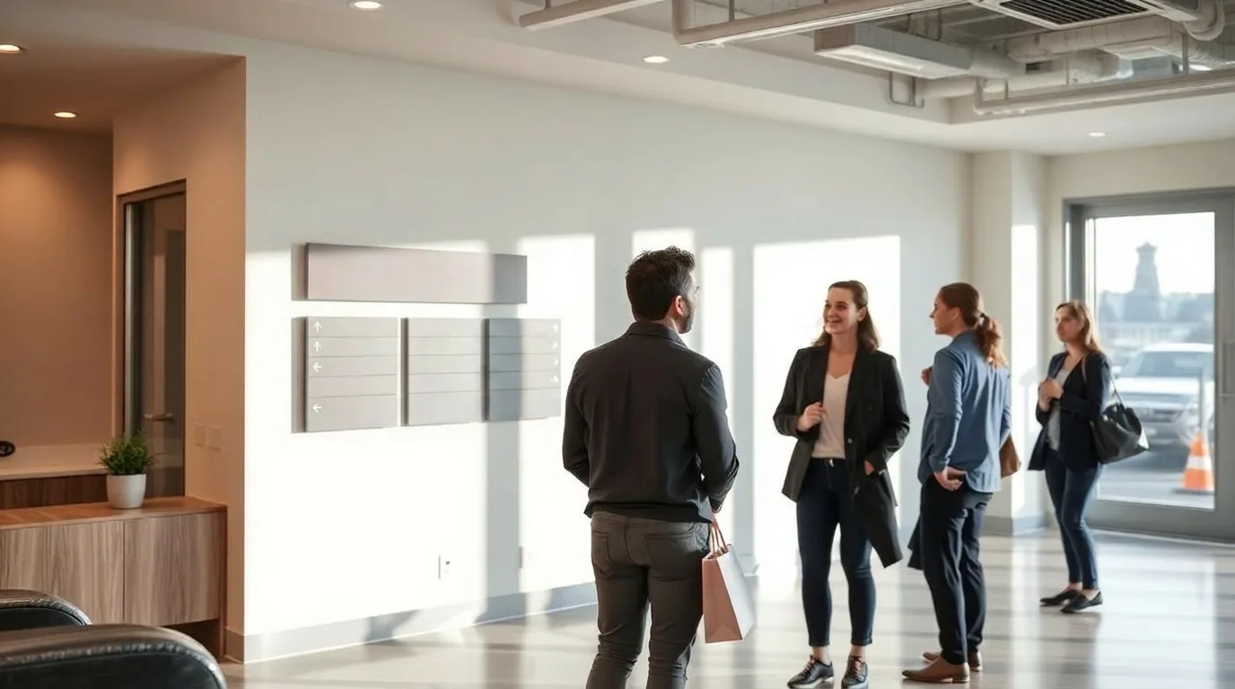 Prospective tenants touring a leasing office with wayfinding signage