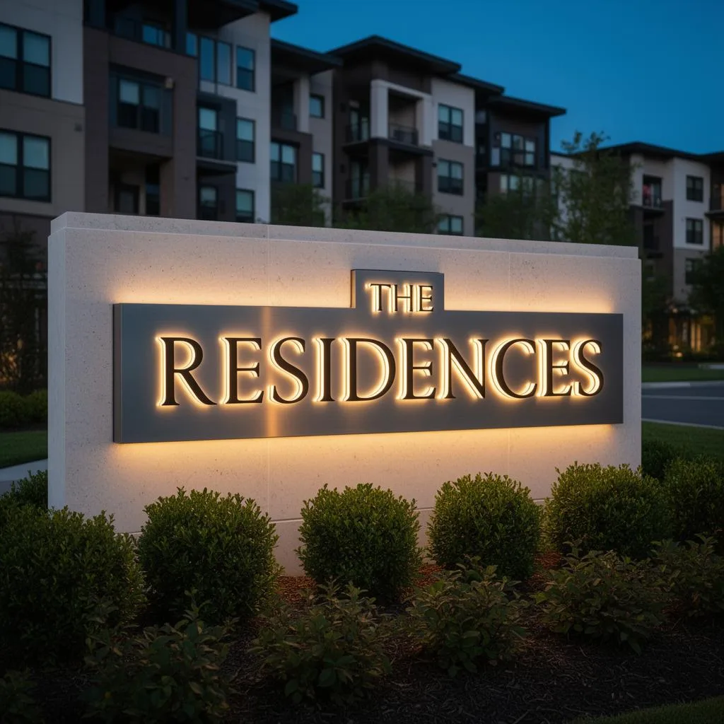 Premium illuminated monument signage at a modern multifamily property