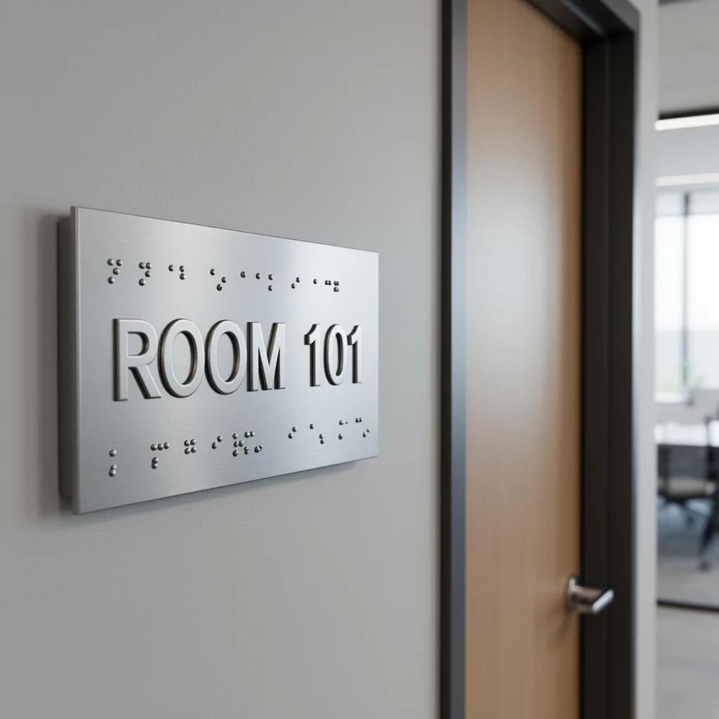 Inspector measuring ADA mounting height of a tactile sign next to a door