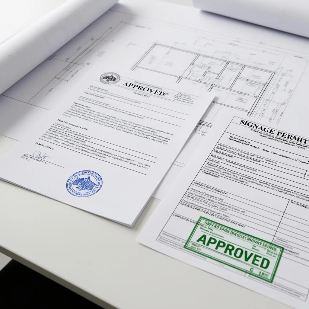 Approved signage permit document with official stamp on construction drawings