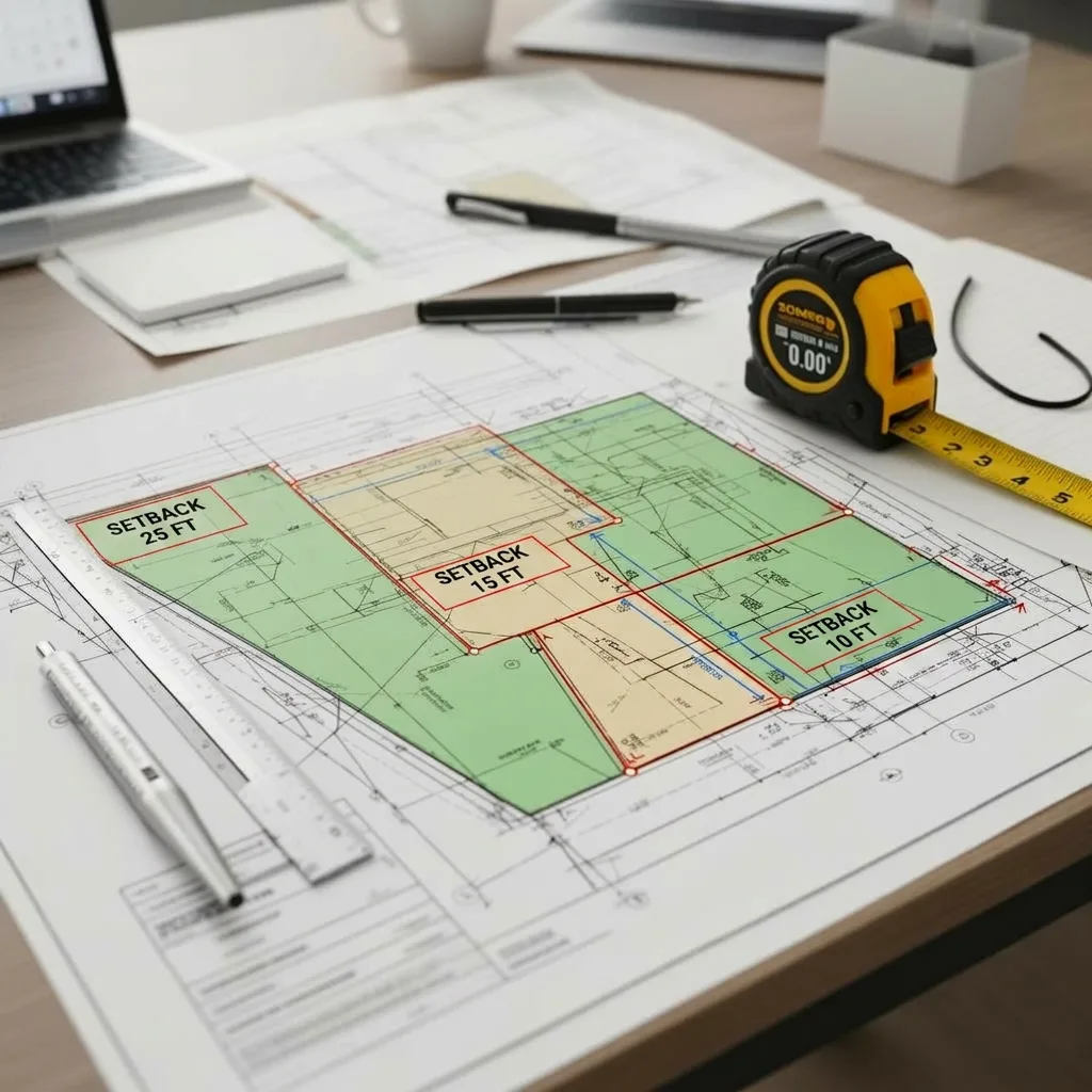 Zoning map with setback measurements and tape measure on a planning desk