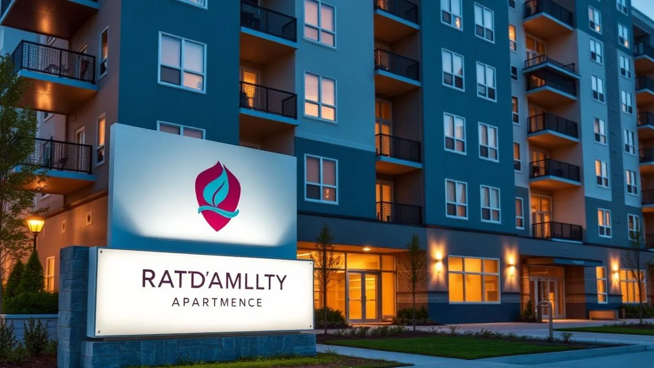 Modern multifamily apartment building with consistent branded monument signage at twilight