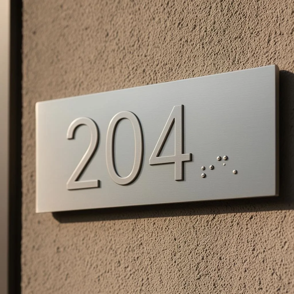 Apartment unit number plate with braille on textured wall