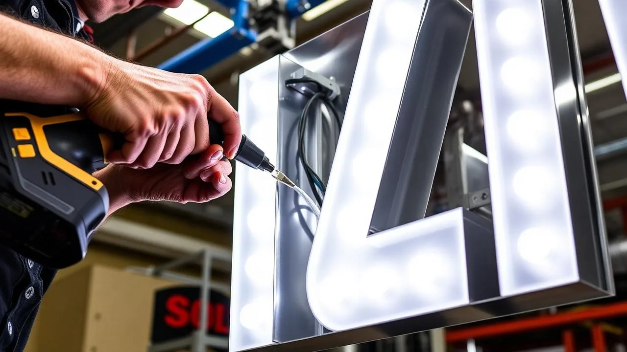 Installer mounting an illuminated channel letter sign with electrical components