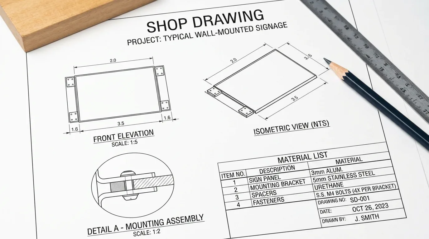 Detailed shop drawing showing signage dimensions and mounting details