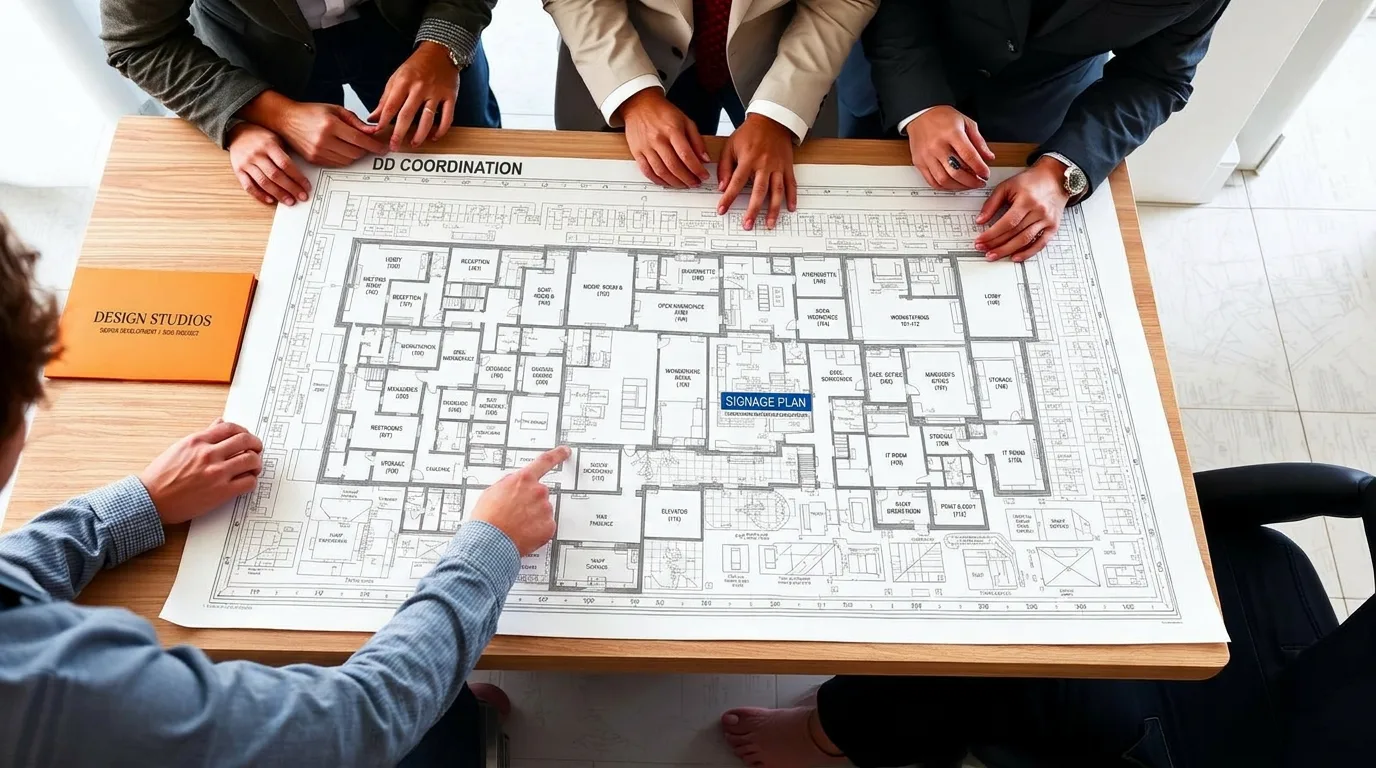 Design team coordinating signage placement on architectural floor plans