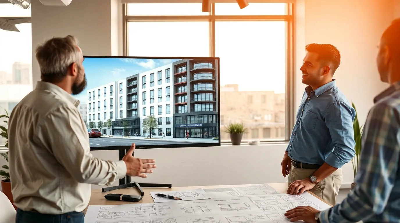 Architects reviewing building renderings during design development